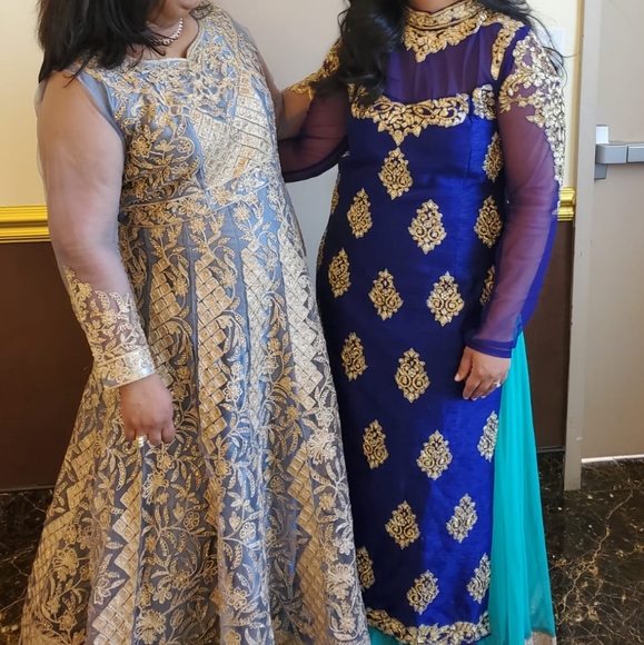 Lehenga Anarkali Blue and Turquoise Chiffon Wedding Dress - Picture 2 of 2